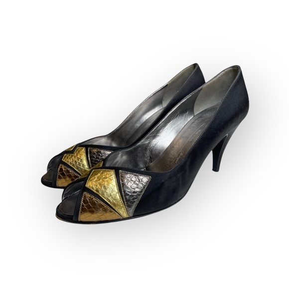 Vintage: Bruno Magli ✦ Kitten Heel Peep Toe Pumps ✦ Metallic Leather Patchwork ✦ - Picture 7 of 16
